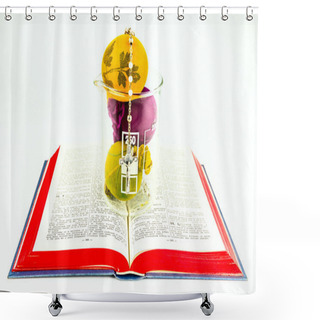 Personality  Easter Eggs In Lab Glass With Rosary On A Holy Bible Shower Curtains