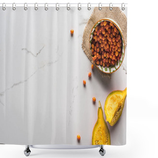 Personality  Top View Of Bowl With Sea Buckthorn Near Pumpkin On Marble Surface Shower Curtains