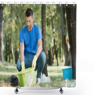 Personality  Man Collecting Plastic Garbage In Container, Blurred Foreground Shower Curtains