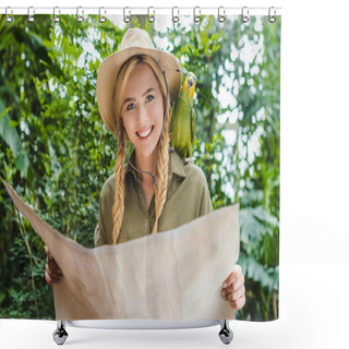 Personality  Attractive Young Woman In Safari Suit With Parrot On Shoulder Navigating In Jungle With Map Shower Curtains