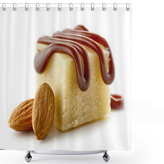 Personality  Piece Of Marzipan And Chocolate Sauce Isolated On White Background, Selective Focus Shower Curtains