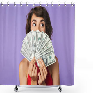 Personality  Happy Pretty Brunette Woman Covering Her Face With Money And Looking Away Over Purple Background Shower Curtains