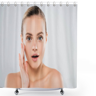 Personality  Surprised And Naked Woman Touching Face Isolated On Grey Shower Curtains