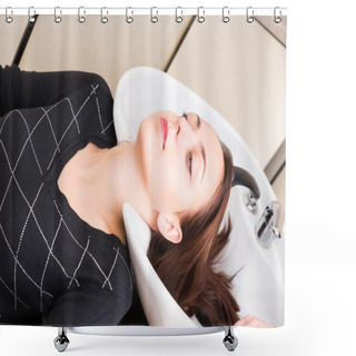 Personality  Brunette Woman Lying Back With Head In Salon Sink Shower Curtains
