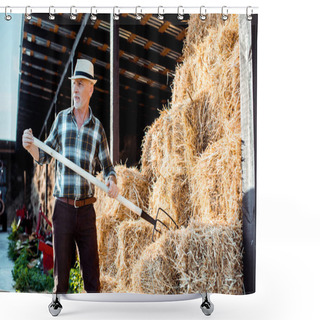 Personality  Bearded Senior Farmer In Straw Hat Holding Rake Near Hay  Shower Curtains
