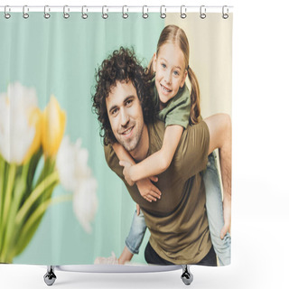 Personality  Selective Focus Of Father Piggybacking Adorable Happy Daughter And Smiling At Camera Shower Curtains