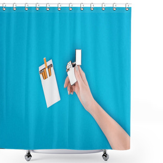 Personality  Partial View Of Woman Holding Cigarette Lighter In Hand Isolated On Blue Shower Curtains