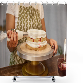 Personality  Cropped View Of Confectioner Putting Cream From Pastry Bag On Sponge Cake Shower Curtains