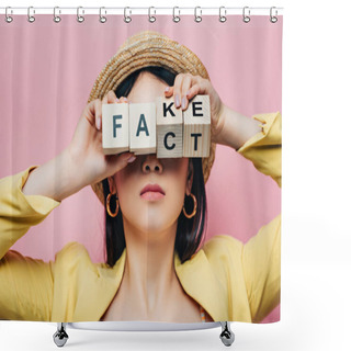 Personality  Asian Woman Holding Wooden Cubes In Front Of Face With Fake And Fact Lettering Isolated On Pink Shower Curtains
