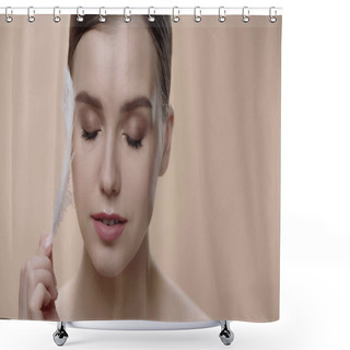 Personality  Young Woman With Closed Eyes And Perfect Skin Holding Feather Isolated On Beige  Shower Curtains