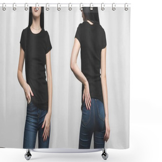 Personality  Front And Back View Of Young Woman In Blank Black T-shirt Isolated On White Shower Curtains