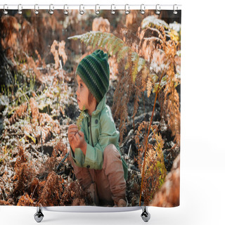 Personality  Little Caucasian Baby Girl Squatting In The Forest Among Ferns Shower Curtains
