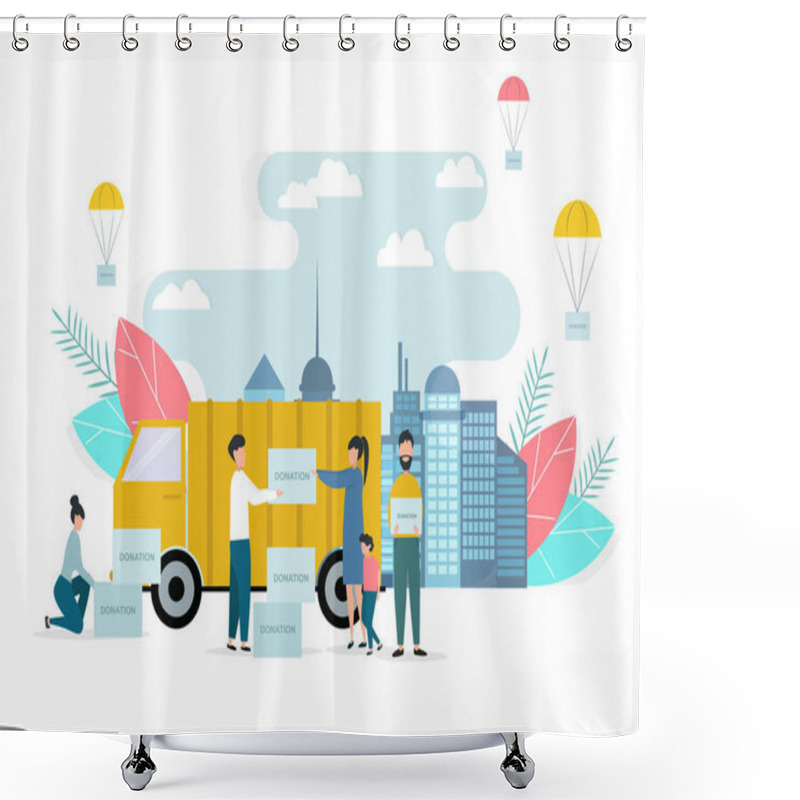Personality  Truck With Donation Boxes And Volunteers Providing Help To Needy People, Isolated Flat Vector Illustration Shower Curtains