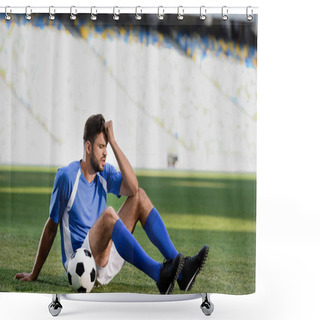 Personality  Sad Professional Soccer Player In Blue And White Uniform Sitting With Ball On Football Pitch At Stadium Shower Curtains