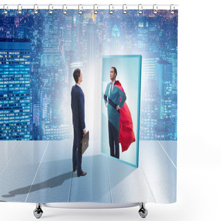 Personality  Businessman Seeing Himself In Mirror As Superhero Shower Curtains