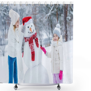 Personality  Happy Mother And Daughter Making Snowman Together In Winter Forest Shower Curtains