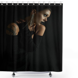 Personality  Portrait Of Seductive Tattooed Woman In Stylish And Sexy Halloween Dress Looking Away On Black Shower Curtains