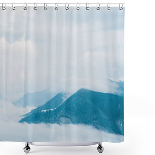 Personality  Scenic View Of Snowy Mountains With Pine Trees In White Fluffy Clouds Shower Curtains