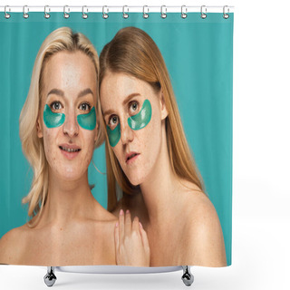 Personality  Young Women With Different Skin Conditions And Eye Patches Posing Isolated On Turquoise  Shower Curtains
