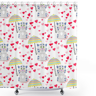 Personality  Happy Cat Walk Under The Rain Of Hearts  Shower Curtains