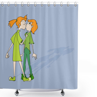 Personality  Two Kids Are Kissing Each Other. Vector Illustration. Shower Curtains