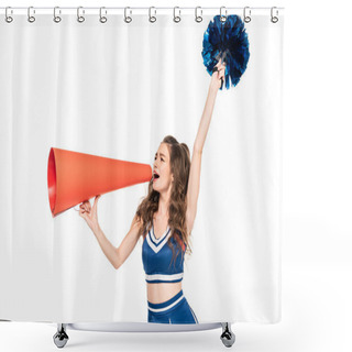 Personality  Cheerleader Girl In Blue Uniform With Pompom Using Orange Loudspeaker Isolated On White Shower Curtains