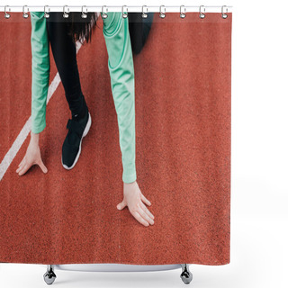 Personality  Cropped View Of Sportswoman Standing In Starting Position On Running Path  Shower Curtains