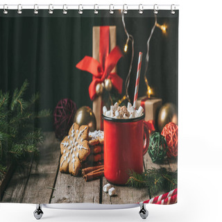 Personality  Cup Of Hot Cocoa With Marshmallows On Wooden Table With Christmas Gingerbread Shower Curtains
