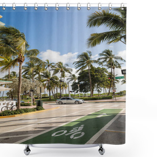 Personality  MIAMI, FLORIDA, USA - DECEMBER 15, 2022: Green Palm Trees Next To Road With Modern Car  Shower Curtains