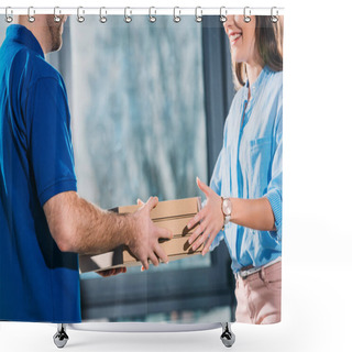 Personality  Woman Receiving Pizzas In Boxes From Delivery Man  Shower Curtains