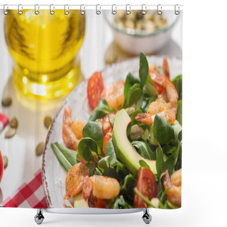 Personality  Selective Focus Of Fresh Green Salad With Shrimps And Avocado On Plate And Plaid Napkin On White Background Shower Curtains