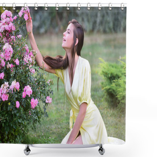Personality  Woman In Spring Rose Garden Outdoors. Natural Beauty Enjoy Summer Recreation. Shower Curtains