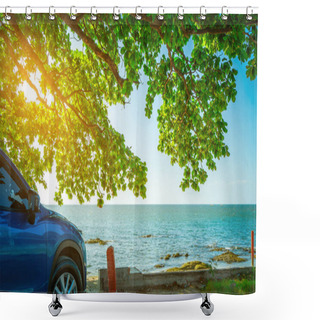 Personality  Blue Sport SUV Car Parked By The Tropical Sea Under Umbrella Tree. Summer Vacation At The Beach. Summer Travel By Car. Road Trip. Automotive Industry. Hybrid And Electric Car Concept. Summer Vibes.  Shower Curtains