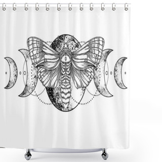 Personality  Black And White Moth Over Sacred Geometry Sign, Isolated Vector Illustration. Tattoo Flash. Mystical Symbols And Insects. Alchemy, Occultism, Spirituality, Coloring Book. Hand-drawn Vintage. Shower Curtains