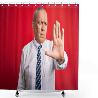 Personality  Senior Handsome Businessman Wearing Elegant Tie Standing Over Isolated Red Background Doing Stop Sing With Palm Of The Hand. Warning Expression With Negative And Serious Gesture On The Face. Shower Curtains