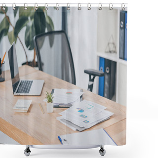 Personality  Selective Focus Of Table With Laptop, Documents, Chairs In Office Shower Curtains