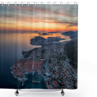 Personality  Amazing Aerial Panoramic View Of The Picturesque Town Of Dubrovnik With The Old Town, Illuminated Streets And Buildings And Marina With Boats At Fiery Sunset. Shower Curtains