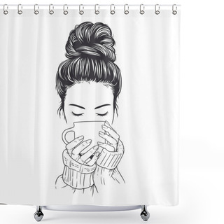 Personality  Beautiful Woman In Sweater Enjoying A Cup Of Coffee. Vector Line Art Illustration Shower Curtains