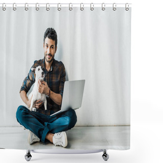 Personality  Handsome And Smiling Bi-racial Man With Laptop Holding Jack Russell Terrier Shower Curtains