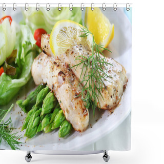 Personality  Fried Fish On Green Asparagus With Salad Shower Curtains