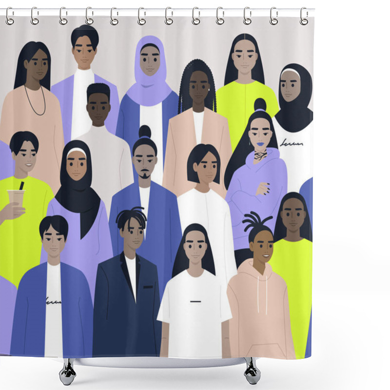 Personality  A Big Group Of Characters, A Diverse Community, People Of Color, Square Format Shower Curtains