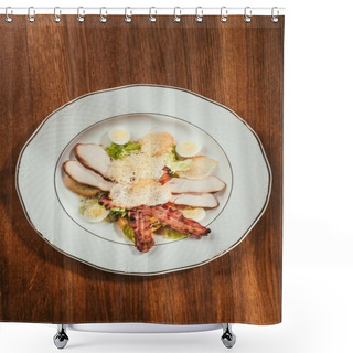Personality  View Of Ham Slices With Fried Meat And Some Boiled Eggs On Plate Over Wooden Surface  Shower Curtains
