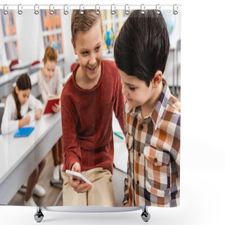 Personality  Two Smiling Schoolboys Using Smartphone In Classroom During Brake Shower Curtains