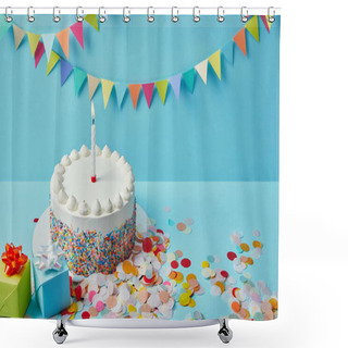 Personality  Delicious Cake With Sugar Sprinkles, Gifts And Confetti On Blue Background With Colorful Bunting Shower Curtains