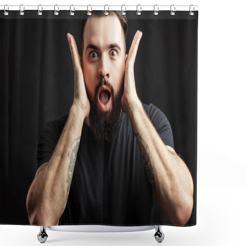 Personality  Surprised Young Man Isolated On Black Shower Curtains