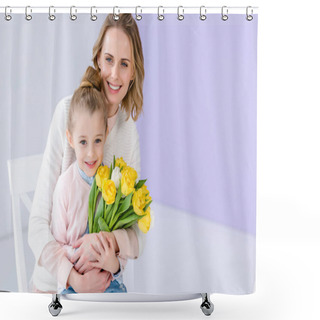 Personality  Hugging Mother And Daughter Holding Tulips For Women's Day Shower Curtains