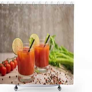 Personality  Bloody Mary Cocktail In Glasses With Straws And Lime Near Salt, Pepper, Tomatoes And Celery On Grey Background Shower Curtains