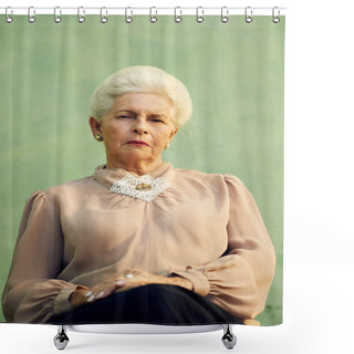 Personality  Portrait Of Serious Old Caucasian Woman Looking At Camera Shower Curtains