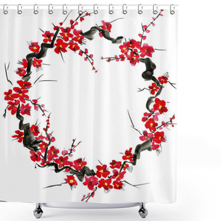 Personality   Sakura Flowers Wreath. Pink And Red Stylized Flowers Of Plum Mei And  Wild Apricots . Watercolor And Ink Illustration In Style Sumi-e, U-sin. Oriental Traditional Painting.   Shower Curtains