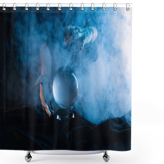 Personality  Cropped View Of Witch Performing Ritual With Crystal Ball On Dark Blue Background Shower Curtains